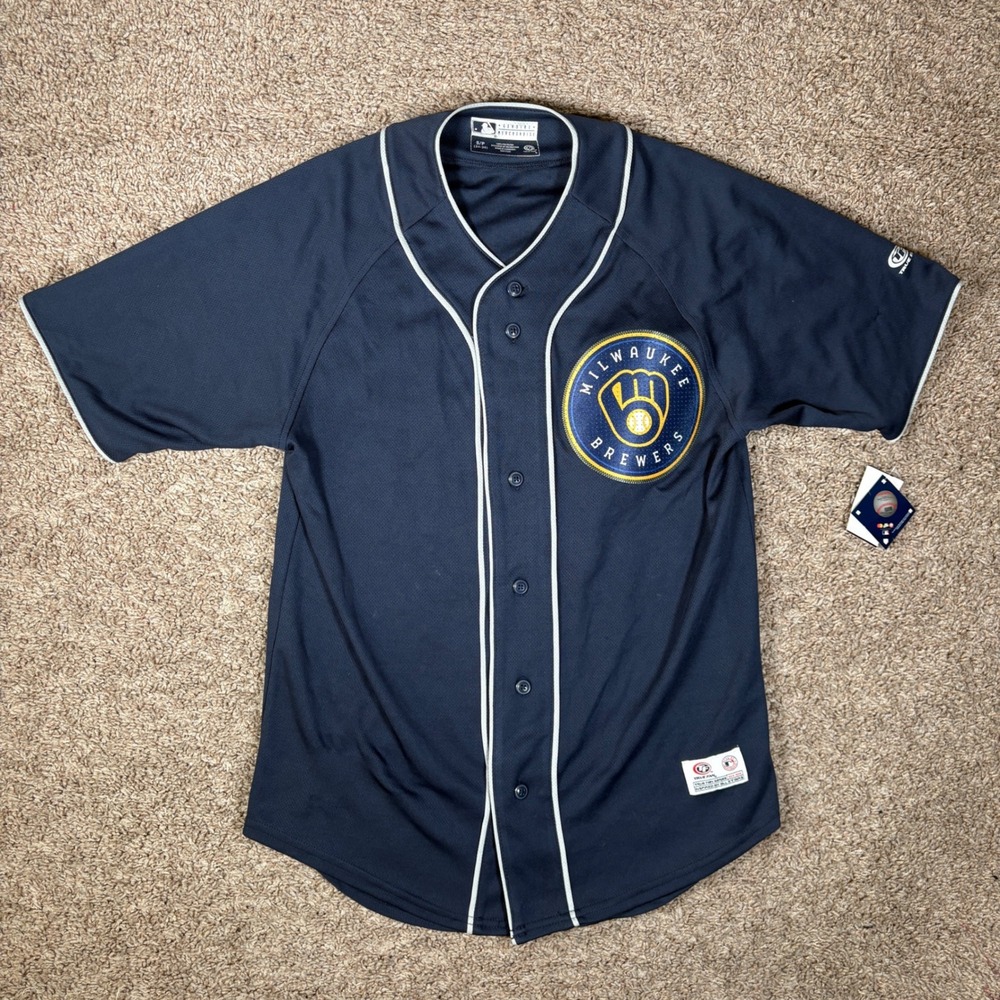 True Fan Milwaukee Brewers MLB Baseball Jersey Navy Blue Mens Small NWT